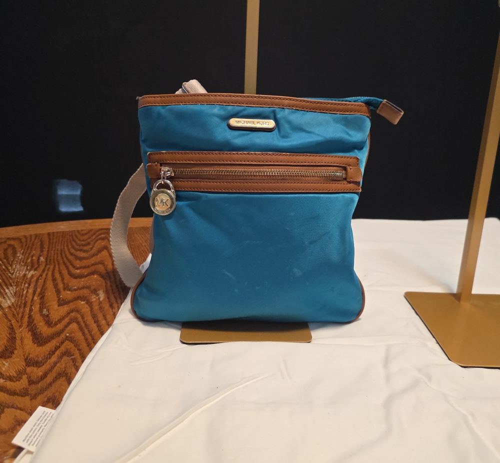 Michael Kors Teal Crossbody with Brown Trim and Gold Hardware